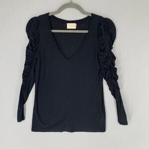 Nation Women Long Sleeve T shirt XS Black Puff Sleeve Long Sleeve Ruched